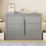 Virubi Queen Horizontal Murphy Bed with LED Lights,Wood Folding Hideaway Fluted Modern Murphy Wall Bed for Adult Guest Room Living Room Bedroom (Grey)