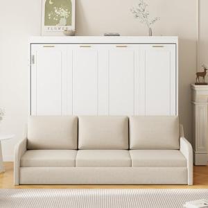 SOFTSEA Full Size Murphy Bed with Sofa and Shelves, Horizontal Murphy Bed Cabinet with LED Light, Hidden Wall Bed with Foldable Couch Space-Saving for Guest Room Bedroom Office, Beige