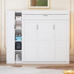 RUNNA Queen Size Murphy Bed Wall Bed with Shelves,Wardrobe and LED Lights,Easy to Assemble and fold, Suitable for Guest Room Home Office(White@099)