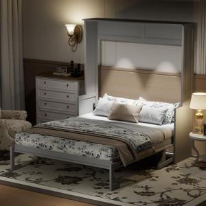 SOFTSEA Queen Size Murphy Bed with Desk, Hideaway Wall Bed with LED Lights and USB Ports, Folding Murphy Bed Frame for Small Space, Guest Room, Bedroom, Office, Grey