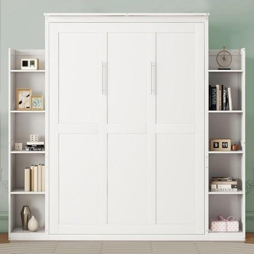MERITLINE Queen Murphy Bed with Storage Shelves and LED Lights, Wood White Murphy Wall Bed Cabinet with Bookcase Bookshelf for Adults