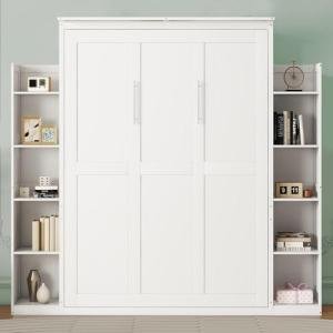 MERITLINE Queen Murphy Bed with Storage Shelves and LED Lights, Wood White Murphy Wall Bed Cabinet with Bookcase Bookshelf for Adults