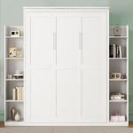 MERITLINE Queen Murphy Bed with Storage Shelves and LED Lights, Wood White Murphy Wall Bed Cabinet with Bookcase Bookshelf for Adults