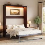 AMERLIFE Queen Size Murphy Bed with LED Light, Farmhouse Foldable Wall Bed with Charging Station & Gas Struts, Space-Saving Hidden Bedframe for Guest Room, Bedroom & Home Office, Brown