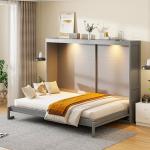 Virubi Queen Horizontal Murphy Bed with LED Lights,Wood Folding Hideaway Fluted Modern Murphy Wall Bed for Adult Guest Room Living Room Bedroom (Grey)
