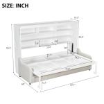 SOFTSEA Full Size Murphy Bed with Sofa and Shelves, Horizontal Murphy Bed Cabinet with LED Light, Hidden Wall Bed with Foldable Couch Space-Saving for Guest Room Bedroom Office, Beige