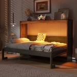 SOFTSEA Twin Size Horizontal Murphy Bed with LED Light, Foldable Murphy Bed Wall Bed Cabinet with Storage, Space-Saving Wall Bed Frame for Guest Room Bedroom Office, Brown