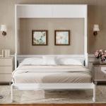 Queen Size Murphy Wall Bed with Desk, Wood Foldable Bed Cabinet with LED Lights and USB Charging Station for Small Places (White)