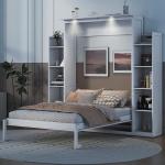 MERITLINE Queen Murphy Bed with Storage Shelves and LED Lights, Wood White Murphy Wall Bed Cabinet with Bookcase Bookshelf for Adults