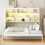 SOFTSEA Full Size Murphy Bed with Sofa and Shelves, Horizontal Murphy Bed Cabinet with LED Light, Hidden Wall Bed with Foldable Couch Space-Saving for Guest Room Bedroom Office, Beige