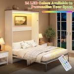 AMERLIFE Full Size Murphy Bed with LED Light, Farmhouse Foldable Wall Bed with Charging Station & Gas Struts, Space-Saving Hidden Bedframe for Guest Room, Bedroom & Home Office, White