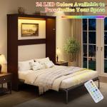 AMERLIFE Queen Size Murphy Bed with LED Light, Farmhouse Foldable Wall Bed with Charging Station & Gas Struts, Space-Saving Hidden Bedframe for Guest Room, Bedroom & Home Office, Brown