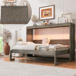 SOFTSEA Twin Size Horizontal Murphy Bed with LED Light, Space-Saving Foldable Wall Beds Cabinet with LED, Foldable Wall Bed Cabinet, Hideaway Murphy Bed Frame Twin, Brown