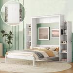 MERITLINE Queen Murphy Bed with Storage Shelves and LED Lights, Wood White Murphy Wall Bed Cabinet with Bookcase Bookshelf for Adults
