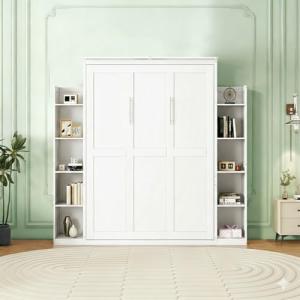 Harper & Bright Designs Queen Size Murphy Bed, Wooden Wall Bed with Shelves and LED Lights, White