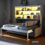 SOFTSEA Full Size Murphy Bed with Sofa and Shelves, Horizontal Murphy Bed Cabinet with LED Light, Hidden Wall Bed with Foldable Couch Space-Saving for Guest Room Bedroom Office, Beige