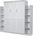 MERITLINE Queen Murphy Bed with Storage Shelves and LED Lights, Wood White Murphy Wall Bed Cabinet with Bookcase Bookshelf for Adults