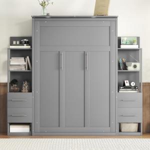 Queen Murphy Bed with Storage Drawers,LED Lights and Shelves,Wood Murphy Wall Bed Cabinet for Adults (Grey)