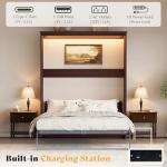 AMERLIFE Queen Size Murphy Bed with LED Light, Farmhouse Foldable Wall Bed with Charging Station & Gas Struts, Space-Saving Hidden Bedframe for Guest Room, Bedroom & Home Office, Brown