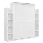 MERITLINE Queen Murphy Bed with Storage Shelves and LED Lights, Wood White Murphy Wall Bed Cabinet with Bookcase Bookshelf for Adults