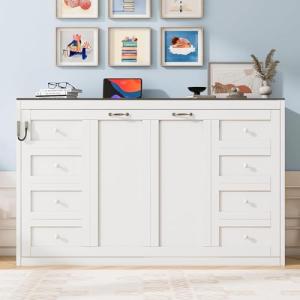 MERITLINE Twin Horizontal Murphy Bed with LED Lighting,Solid Wood Space-Saving Hideaway Folding Farmhouse Murphy Wall Bed Cabinet for Adults (Twin,White)