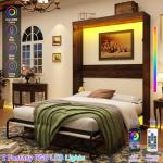 Hlivelood Queen Size Murphy Bed with 2 LED Lights, Farmhouse Wood Hidden Foldable Wall Bed Frame w/Gas Struts, Storage Bed Cabinet for Bedroom, Office, Space-Saving, No Box Spring Needed, Rustic White