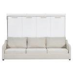 SOFTSEA Full Size Murphy Bed with Sofa and Shelves, Horizontal Murphy Bed Cabinet with LED Light, Hidden Wall Bed with Foldable Couch Space-Saving for Guest Room Bedroom Office, Beige