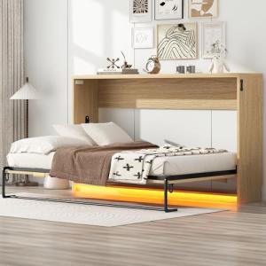 SOFTSEA Horizontal Murphy Bed Twin XL, Hideaway Wall Bed with LED Lights, can be Folded into Cabinet, Twin Murphy Bed Cabinet Space-Saving for Guest Room Bedroom or Home Office, Natural