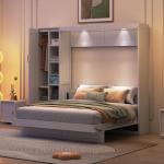 RUNNA Queen Size Murphy Bed Wall Bed with Shelves,Wardrobe and LED Lights,Easy to Assemble and fold, Suitable for Guest Room Home Office(White@099)