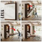 Hlivelood Queen Size Murphy Bed with 2 LED Lights, Farmhouse Wood Hidden Foldable Wall Bed Frame w/Gas Struts, Storage Bed Cabinet for Bedroom, Office, Space-Saving, No Box Spring Needed, Rustic White