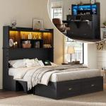AMERLIFE Full Murphy Bed with Bookcase Headboard & LED Light, Farmhouse Cabinet Bed with Storage Drawer, Charging Station and Desk for Home Office/Guest Room/Small Spaces, Black