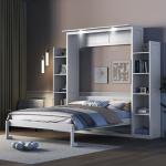 Harper & Bright Designs Queen Size Murphy Bed, Wooden Wall Bed with Shelves and LED Lights, White