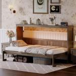 SOFTSEA Twin Size Horizontal Murphy Bed with LED Light, Space-Saving Foldable Wall Beds Cabinet with LED, Foldable Wall Bed Cabinet, Hideaway Murphy Bed Frame Twin, Brown