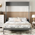 SOFTSEA Queen Size Murphy Bed with Desk, Hideaway Wall Bed with LED Lights and USB Ports, Folding Murphy Bed Frame for Small Space, Guest Room, Bedroom, Office, Grey