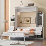 Queen Murphy Bed with Storage Drawers,LED Lights and Storage Bookcase Shelves,Wood Murphy Wall Bed Cabinet for Adults (White)