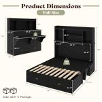 AMERLIFE Full Murphy Bed with Bookcase Headboard & LED Light, Farmhouse Cabinet Bed with Storage Drawer, Charging Station and Desk for Home Office/Guest Room/Small Spaces, Black