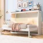 MERITLINE Twin Horizontal Murphy Bed with LED Lighting,Solid Wood Space-Saving Hideaway Folding Farmhouse Murphy Wall Bed Cabinet for Adults (Twin,White)
