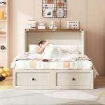 AMERLIFE Full Murphy Bed with Storage & Charging Station, Farmhouse Murphy Cabinet with Foldable Panel, Noisy Free, for Guest Bedroom, Living Room, Office, Distressed White