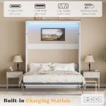 AMERLIFE Full Size Murphy Bed with LED Light, Farmhouse Foldable Wall Bed with Charging Station & Gas Struts, Space-Saving Hidden Bedframe for Guest Room, Bedroom & Home Office, White