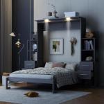 Queen Murphy Bed with Storage Drawers,LED Lights and Shelves,Wood Murphy Wall Bed Cabinet for Adults (Grey)