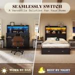 AMERLIFE Full Murphy Bed with Bookcase Headboard & LED Light, Farmhouse Cabinet Bed with Storage Drawer, Charging Station and Desk for Home Office/Guest Room/Small Spaces, Black