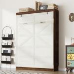 Hlivelood Queen Size Murphy Bed with 2 LED Lights, Farmhouse Wood Hidden Foldable Wall Bed Frame w/Gas Struts, Storage Bed Cabinet for Bedroom, Office, Space-Saving, No Box Spring Needed, Rustic White