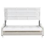 SOFTSEA Full Size Murphy Bed with Sofa and Shelves, Horizontal Murphy Bed Cabinet with LED Light, Hidden Wall Bed with Foldable Couch Space-Saving for Guest Room Bedroom Office, Beige