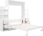 Queen Murphy Bed with Storage Drawers,LED Lights and Storage Bookcase Shelves,Wood Murphy Wall Bed Cabinet for Adults (White)
