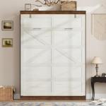 Hlivelood Queen Size Murphy Bed with 2 LED Lights, Farmhouse Wood Hidden Foldable Wall Bed Frame w/Gas Struts, Storage Bed Cabinet for Bedroom, Office, Space-Saving, No Box Spring Needed, Rustic White