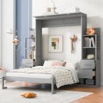 Queen Murphy Bed with Storage Drawers,LED Lights and Shelves,Wood Murphy Wall Bed Cabinet for Adults (Grey)