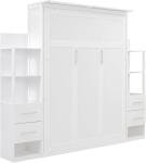 Queen Murphy Bed with Storage Drawers,LED Lights and Storage Bookcase Shelves,Wood Murphy Wall Bed Cabinet for Adults (White)