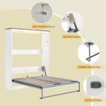 AMERLIFE Full Size Murphy Bed with LED Light, Farmhouse Foldable Wall Bed with Charging Station & Gas Struts, Space-Saving Hidden Bedframe for Guest Room, Bedroom & Home Office, White