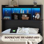 AMERLIFE Full Murphy Bed with Bookcase Headboard & LED Light, Farmhouse Cabinet Bed with Storage Drawer, Charging Station and Desk for Home Office/Guest Room/Small Spaces, Black