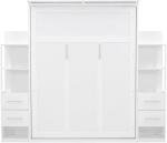 Queen Murphy Bed with Storage Drawers,LED Lights and Storage Bookcase Shelves,Wood Murphy Wall Bed Cabinet for Adults (White)